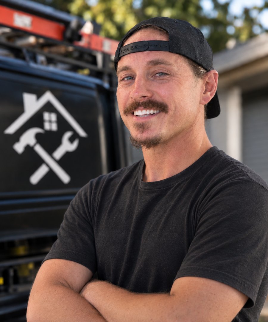 Paul of In and Out Handyman, arms crossed and smiling in front of his work van